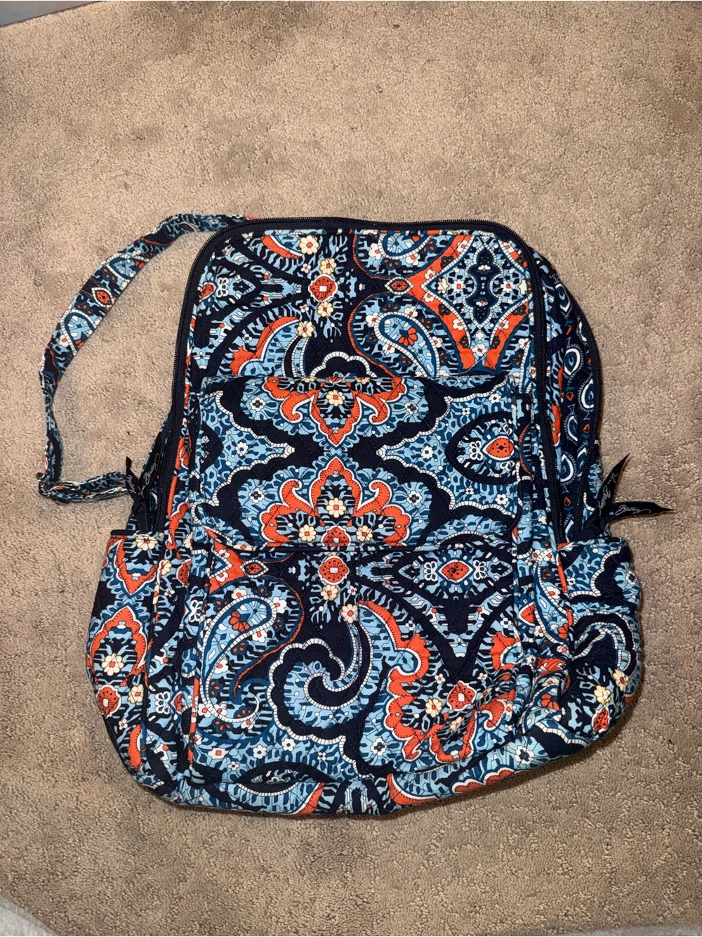 Vera Bradley Navy Paisley Quilted Daypack with Orange & Light Blue Accents